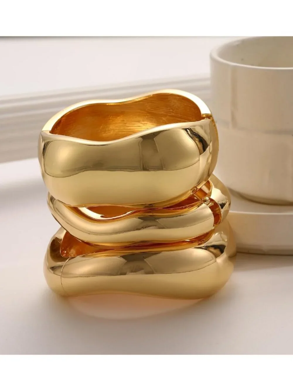 Trendy Chunky Gold Bangle Bracelets Set, 14k Plated Cuff Stackable Jewelry Gifts